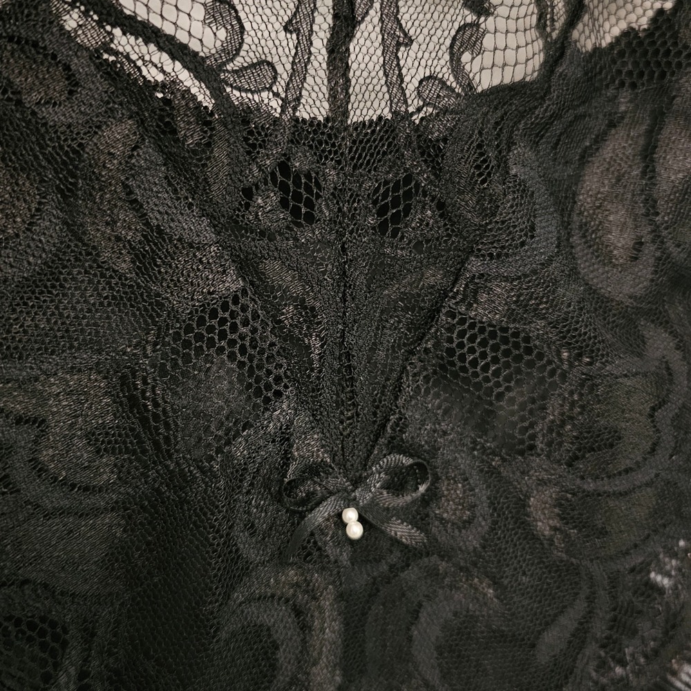 Vintage 90s Shirley of Hollywood Cami L Black Lace Bow Pearl Coquette Whimsigoth - Picture 6 of 11